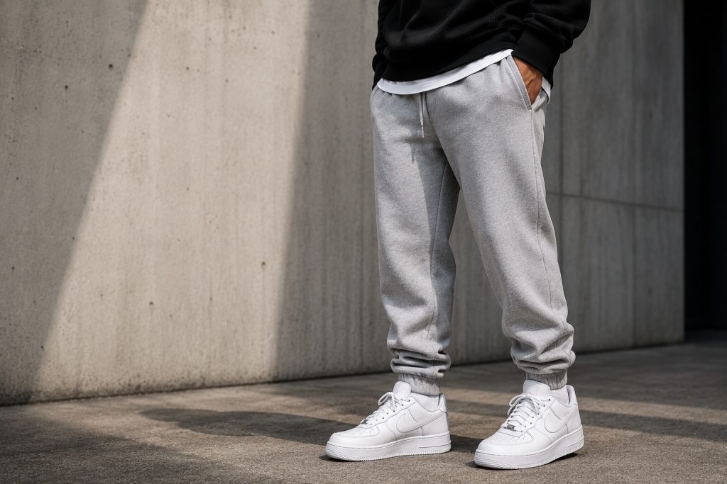 Vertebrae Sweatpants styled with a black hoodie and white sneakers in a minimalist streetwear setting