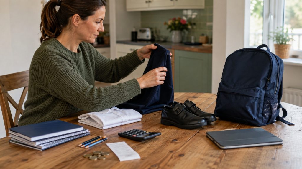 Parent organising school uniforms, stationery and a backpack at home in Ireland