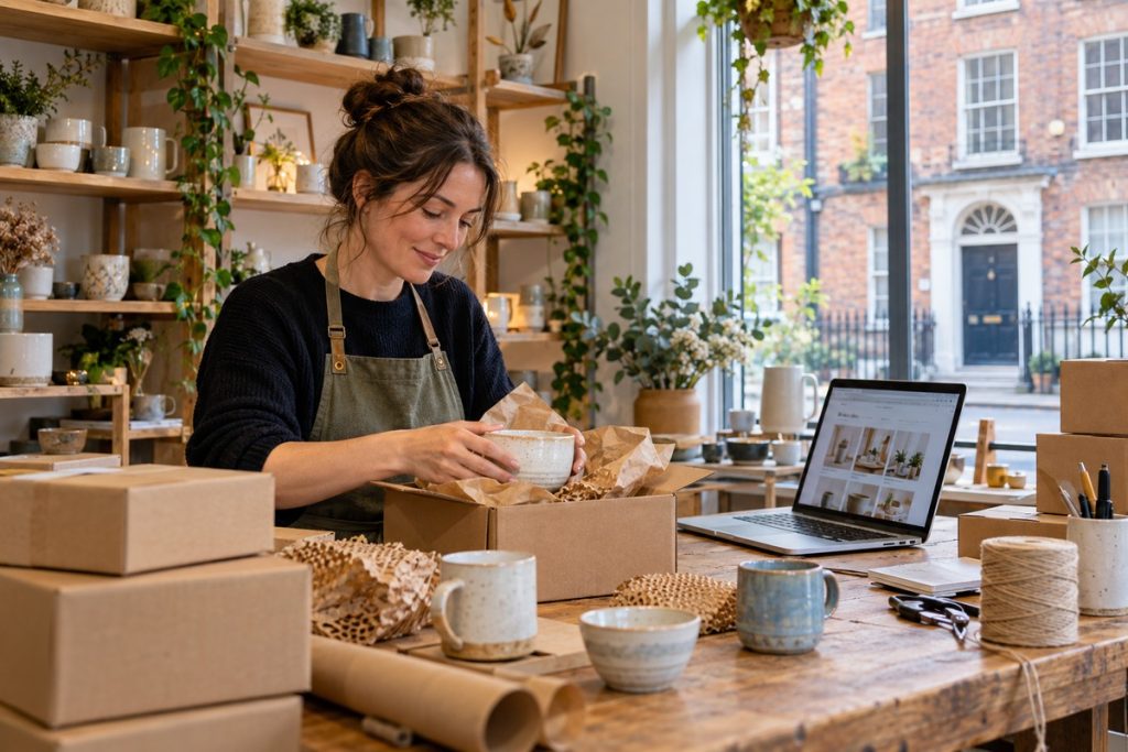 promote a small business in Ireland How to promote a small business in Ireland: shop owner packing products beside a laptop