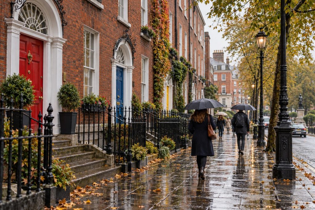 things to do in Dublin when it rains People with umbrellas walking past Georgian buildings on a rainy autumn day in Dublin